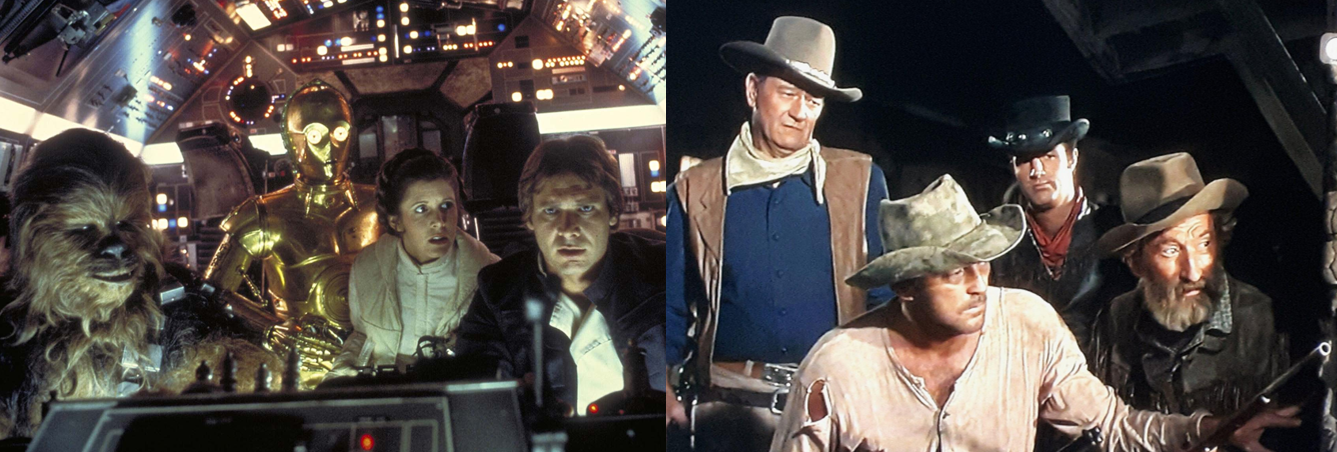 The characters of The Empire Strikes Back in the Milennium Falcon and the protagonists of El Dorado looking out the door.