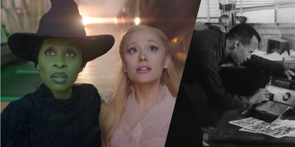 Elphaba and Glinda gaze forward with wonder; Harry Belafonte tries a telephone.